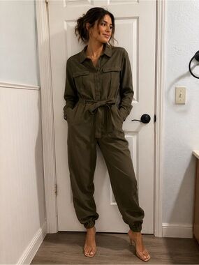 H&M Olive Green Utility Tie-Waist Jumpsuit